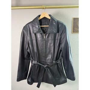 JLC New York Black Leather Belted Zip Front Jacket Women's Large